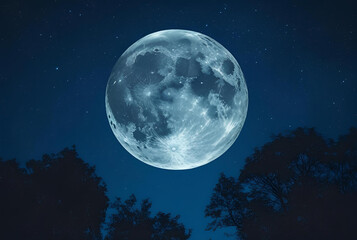 Large full moon in a starry night sky above treetops