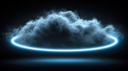 A glowing neon ring encircles a dramatic cloud formation in a dark space