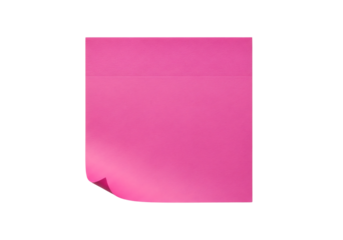 Blank pink square sticky note with a curled corner, office reminder memo. Isolated on transparent background, png