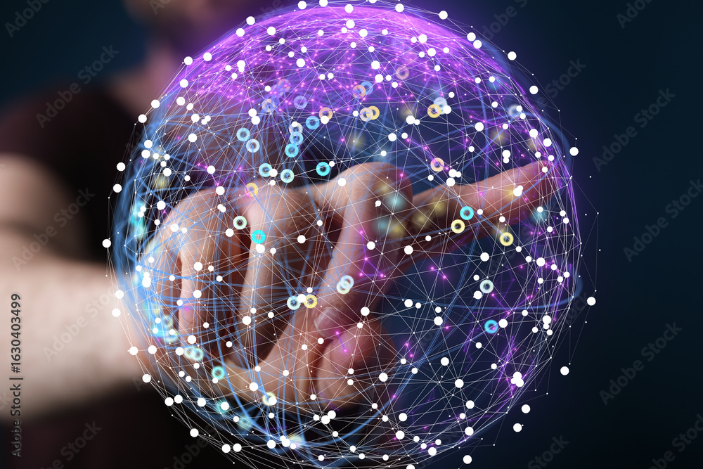 Aufkleber abstract image of a hand interacting with a glowing network sphere, symbolizing global connectivity 