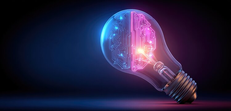 Illuminating idea; a glowing light bulb with a circuit board brain inside.  A futuristic concept of innovation, technology, and intelligence, illuminated in vibrant neon hues