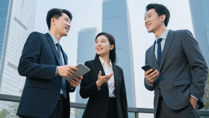 Three professionals in business attire discussing while holding devices against a modern city backdrop