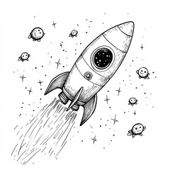 Hand-drawn rocket ship illustration, stylized, taking off into a space filled with small celestial bodies