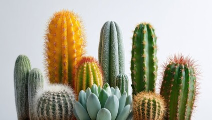 Diverse collection of cacti and succulents, vibrant colors and textures against a light background