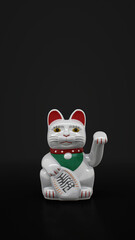 White fortune cat waves paw on black background. Maneki-neko cat waving his paw. Traditional beckoning cat figure loop, loopable illustration.	