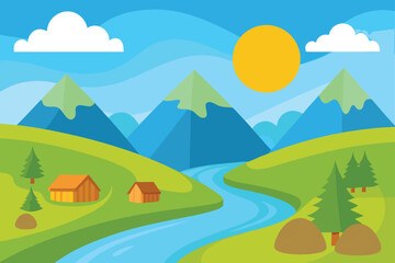 Fototapeta premium Sunny Hills and Mountains River Landscape Vector
