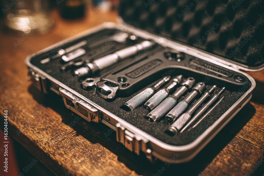 Poster precision tool kit with various metal instruments in an open case.