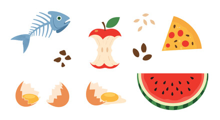 Illustrating biodegradable organic food waste items for composting purposes in a graphic design