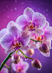 Fototapeta premium Soft Orchid Blossoms with Dew Drops on Purple generative ai