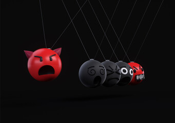 Newton's cradle unhappy emoji concept. Unfriendly and sad emoticons swinging as Newton's Laws of...