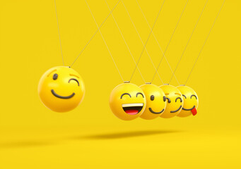 Newton's cradle happy emoji concept. Friendly emoticons swinging as Newton's Laws of Motion. Many happy emoticons with laughing, happiness and smile expressions perpetual motion illustration idea.