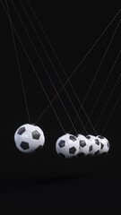 Newton's cradle football balls concept. Soccer game balls swinging as Newton's Laws of Motion. Many football balls perpetual motion illustration idea.