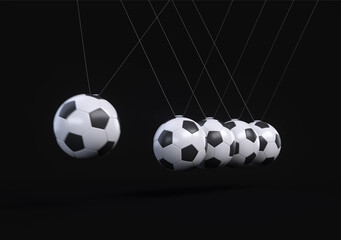 Newton's cradle football balls concept. Soccer game balls swinging as Newton's Laws of Motion. Many football balls perpetual motion illustration idea.