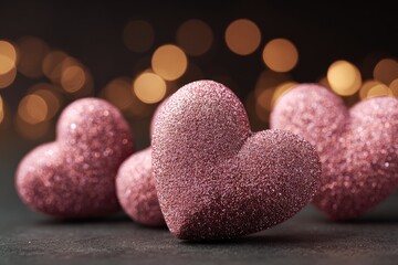 Obraz premium Four pink glitter hearts on dark surface, bokeh background