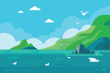 Ocean Coast with Birds and Hills Vector

