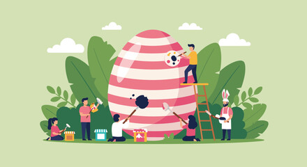 People collaboratively painting a giant easter egg with colorful stripes and polka dots in a festive spring outdoor setting surrounded by lush greenery and playful clouds