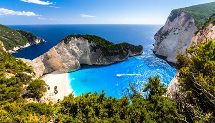 Secluded cove with turquoise water, white sand beach, and verdant cliffs