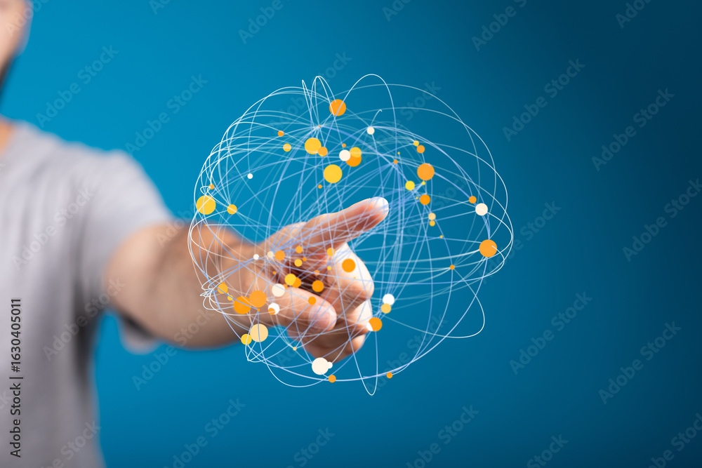 Poster image depicts a hand interacting with a digital sphere representing global network connections. perf