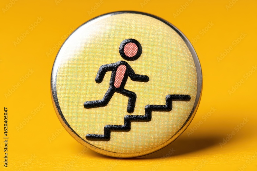 Poster a vibrant button with a minimalistic representation of a person running up steps against a vivid yel