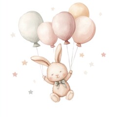 Naklejka premium A pastel-colored bunny floats amidst balloons and stars