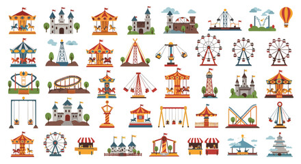 Collection of colorful amusement park rides and attractions featuring roller coasters ferris wheels and carousel horses