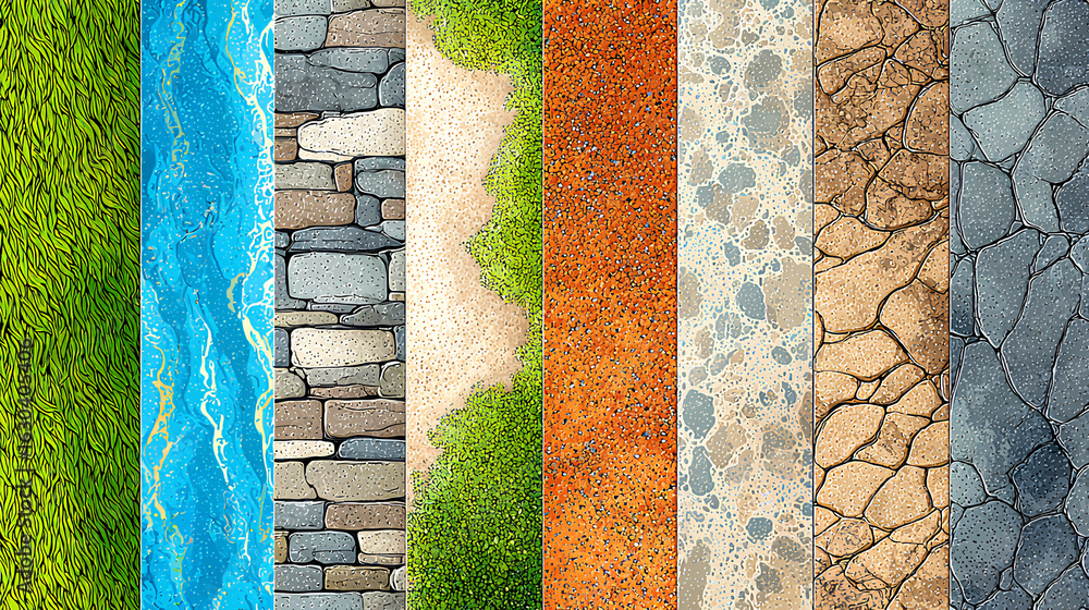 Poster vector pattern texture cad set for landscape architecture. includes concrete, asphalt, grass, paveme