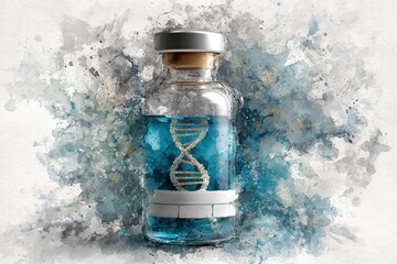Vial containing blue liquid with DNA representation on label showcasing scientific research process