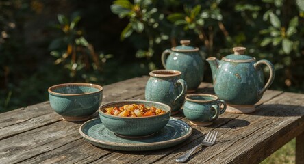 Handcrafted Teal Ceramic Tableware Collection with a Wholesome Meal on a Rustic Wooden Table Outdoors