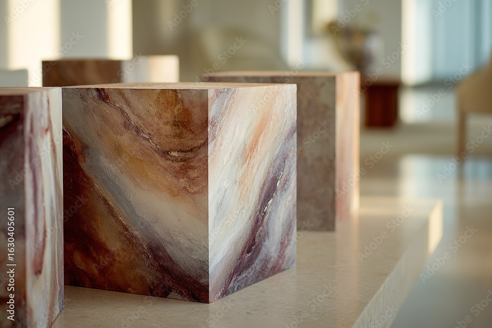 Poster artistic display of uniquely designed cubes in a contemporary interior setting during daylight