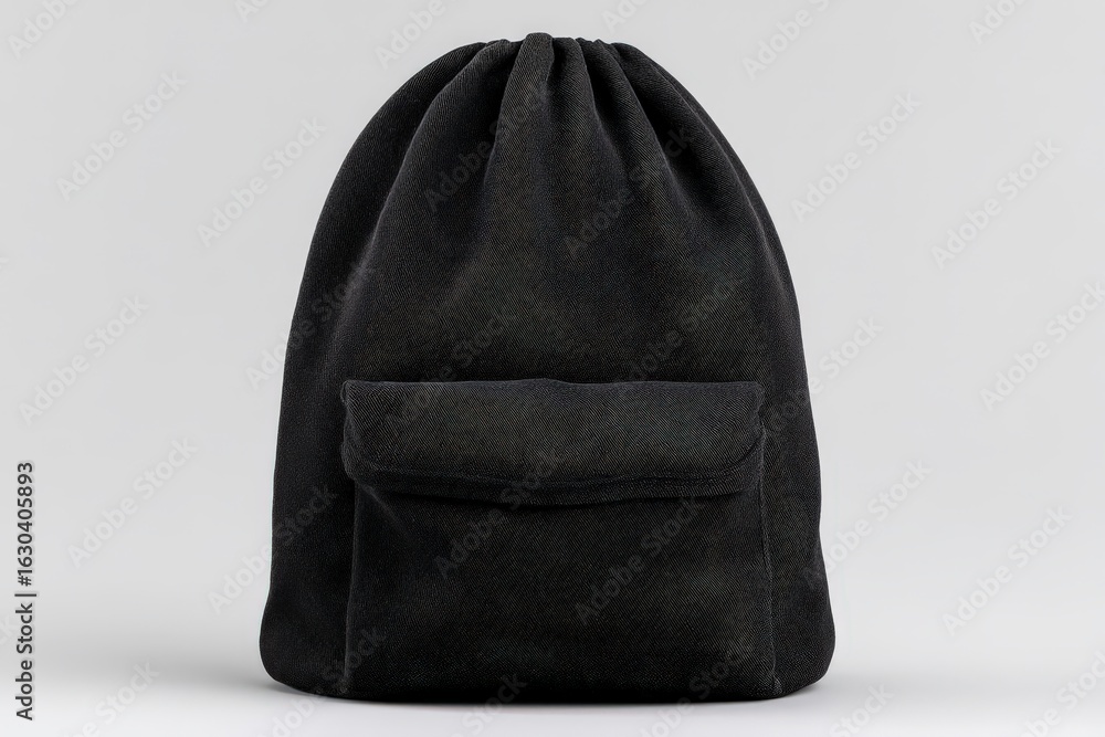 Poster sleek black fabric bag with drawstring closure highlighting minimalistic design and functional elega