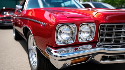 Classic red vintage car with chrome details and dual headlights on a sunny day