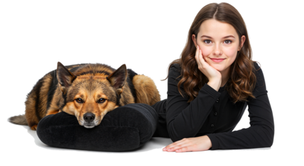 A young woman is lying down. A dog is lying next to her on a pillow. Transparent background