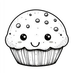 Cute, kawaii muffin drawing.  Simple black and white illustration of a muffin with large eyes, a smile, and sprinkles.  Detailed lines