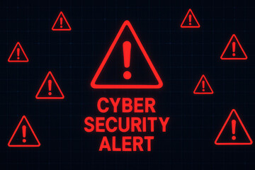 Cyber security alert warning with multiple red exclamation triangle icons over dark digital grid, highlighting critical data breach and high tech