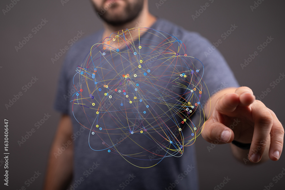 Poster man interacts with a digital network, showcasing global connectivity and data flow.