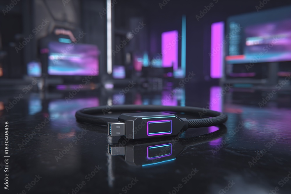 Aufkleber usb cable placed on a glossy surface in a modern gaming setup with colorful led lights reflecting in