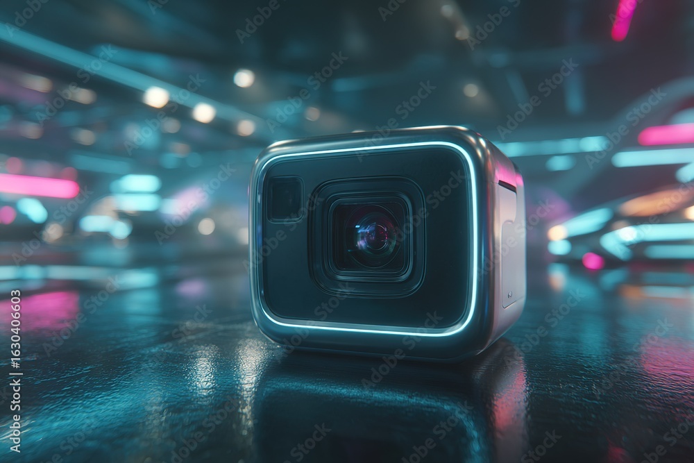 Poster modern camera captures vibrant neon reflections in a futuristic setting showcasing advanced technolo