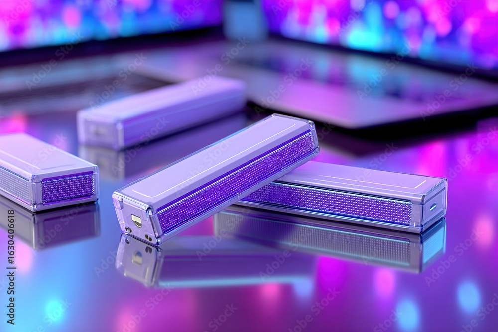 Poster compact speakers arranged artistically on a reflective surface with a colorful led backdrop in a mod