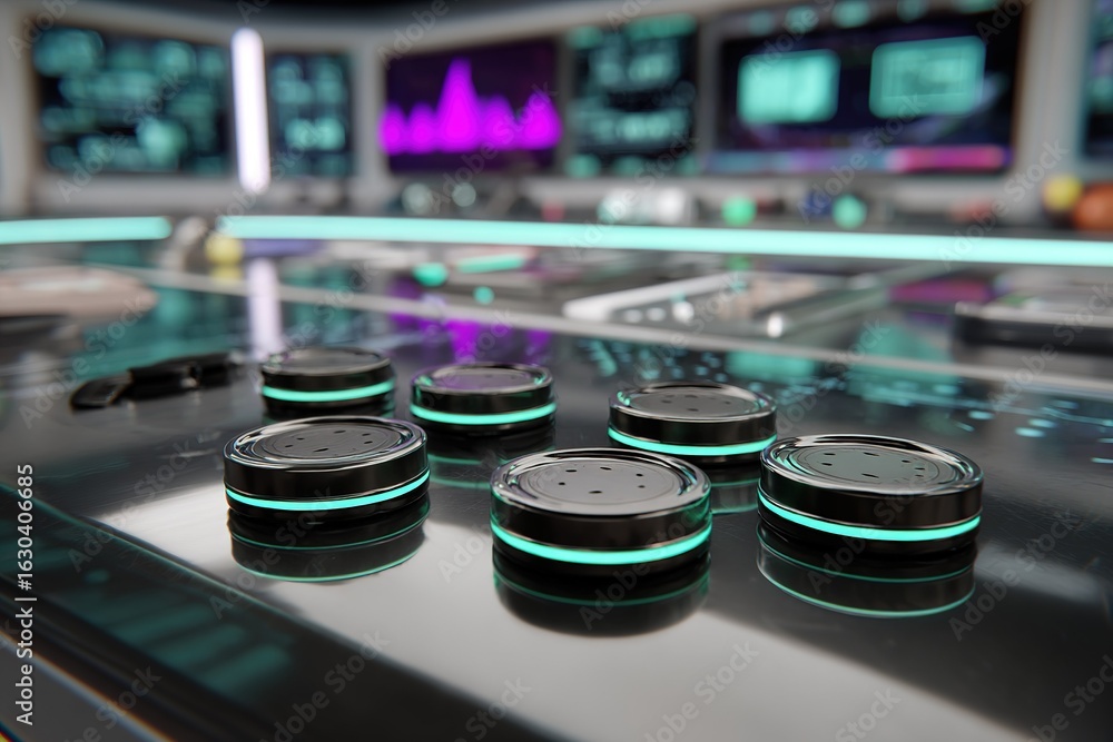 Poster control panel features tactile buttons and vibrant displays in a modern sound mixing studio setting