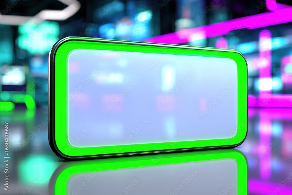 Poster modern digital device with vibrant green border glowing in a high-tech environment with colorful neo