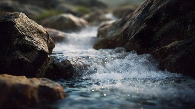 Rushing mountain spring flowing over rocks in a natural setting