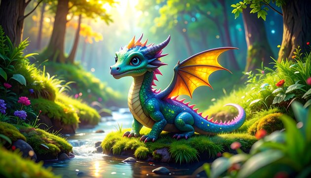 Cute dragon in a vibrant forest