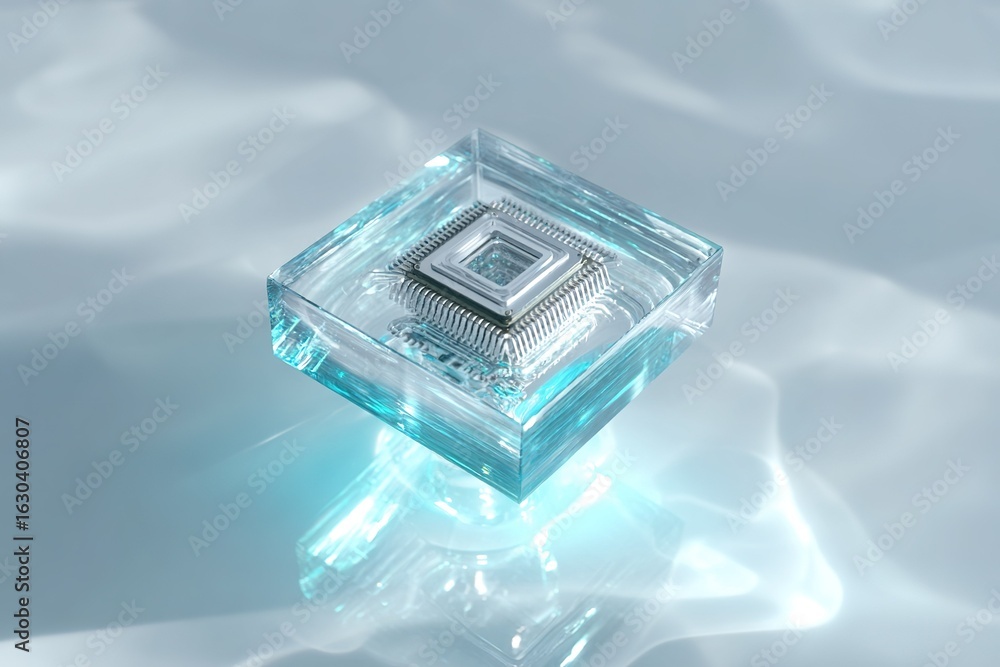 Poster cutting-edge microchip encased in a translucent crystal block with a reflective surface on soft blue