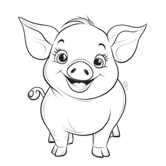 Obraz premium Cute cartoon pig. Black and white line drawing of a happy, chubby pig. Large eyes, wide smile, and prominent ears. Simple, child-friendly style