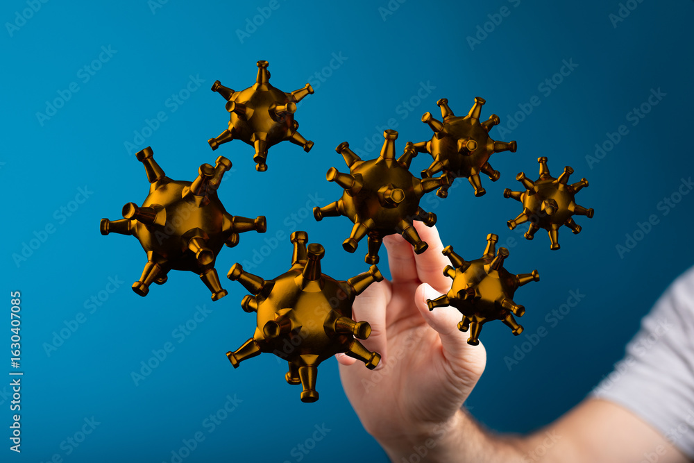 Poster abstract 3d rendering of golden virus particles. perfect for medical or science concepts.