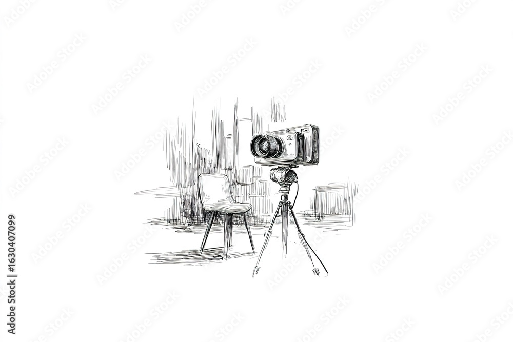 Poster camera on tripod ready for a photography session next to a chair in a studio setup
