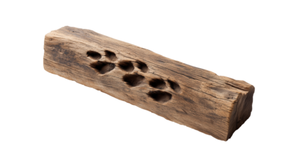 Animal paw prints or tracks impressed on a rustic piece of wood, isolated on a transparent background