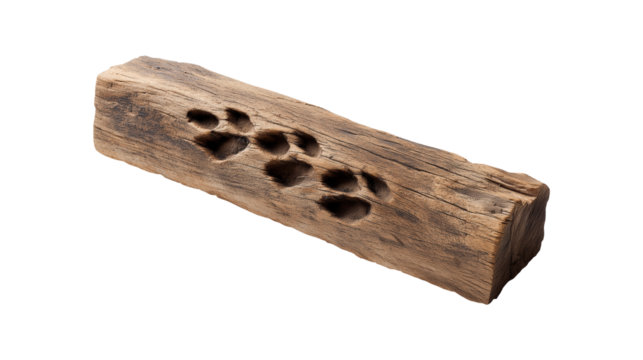 Animal paw prints or tracks impressed on a rustic piece of wood, isolated on a transparent background