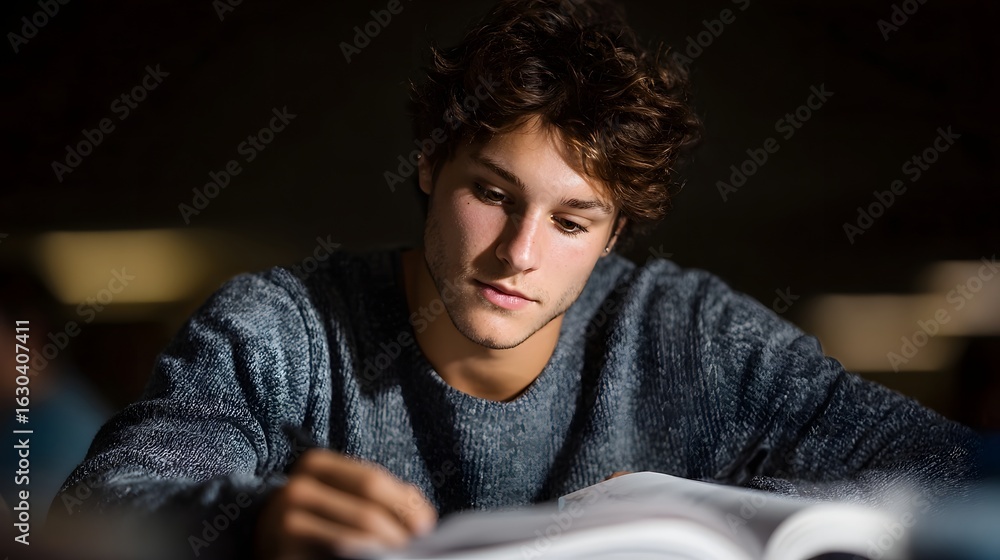 Poster student intently reading textbook at desk in academic setting