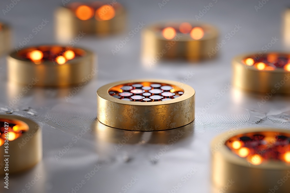Poster brightly lit metal components arranged in a circular pattern on a textured surface